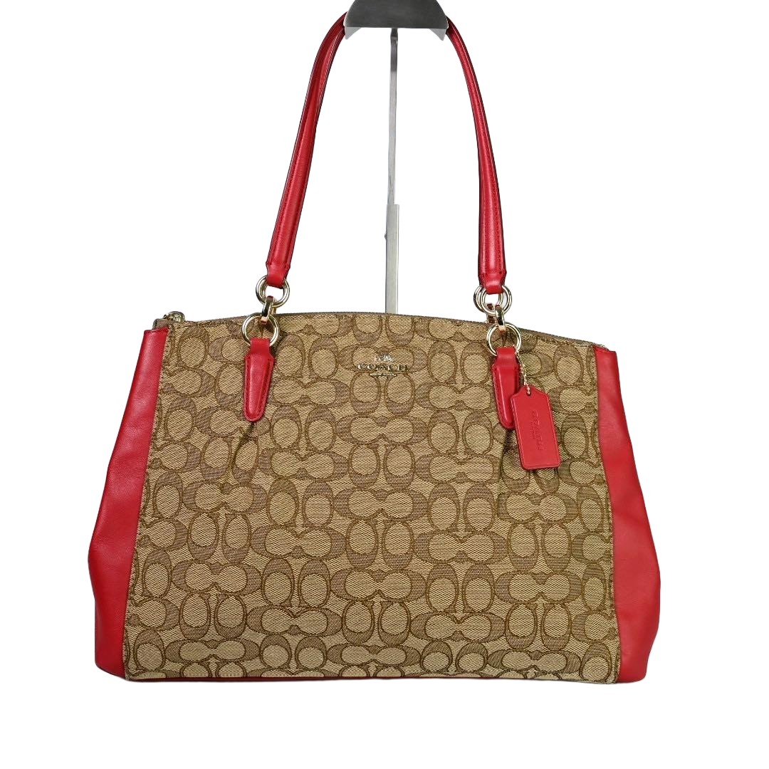 COACH Signature Canvas Tote Bag Khaki Red 2WAY Shoulder Authentic